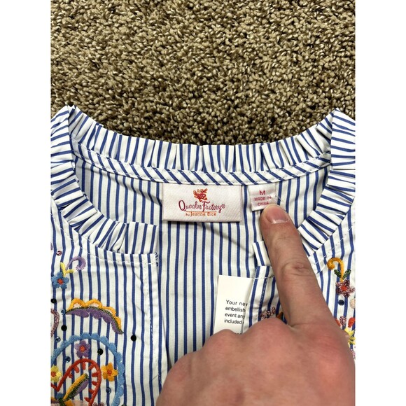 Quacker Factory by Jeanne Bice Floral Pop Over Blouse Top Striped Blue M - Picture 2 of 5